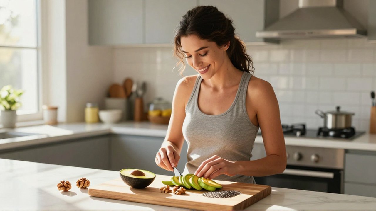 Mujer sonriente preparando un desayuno saludable con aguacate y frutos secos en una cocina iluminada.