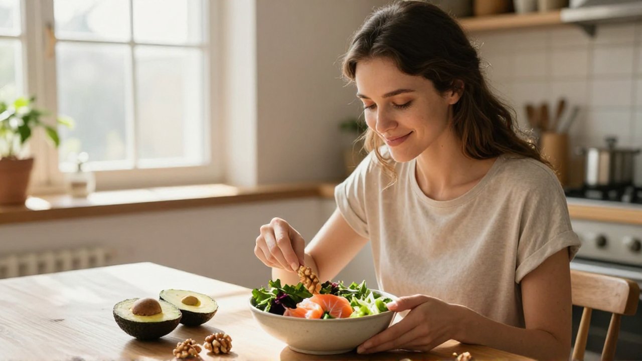 Mujer sonriente preparando un cuenco nutritivo con salmón, aguacate y verduras en una cocina soleada.