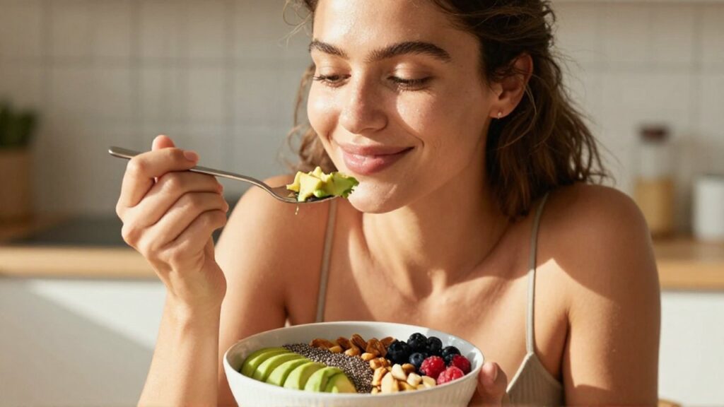 Mujer sonriente disfrutando un desayuno saludable de frutas y aguacate en una cocina luminosa.