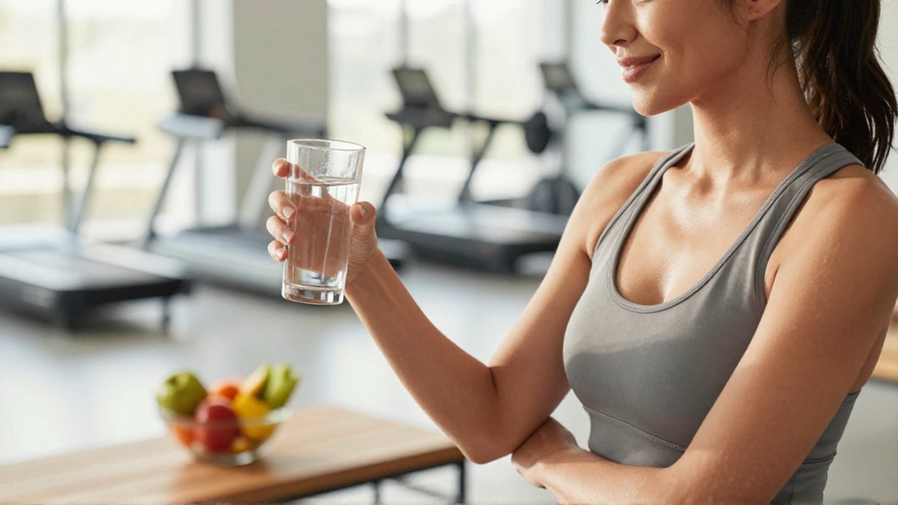 Mujer con ropa deportiva sonríe frente al espejo de un gimnasio luminoso y moderno.