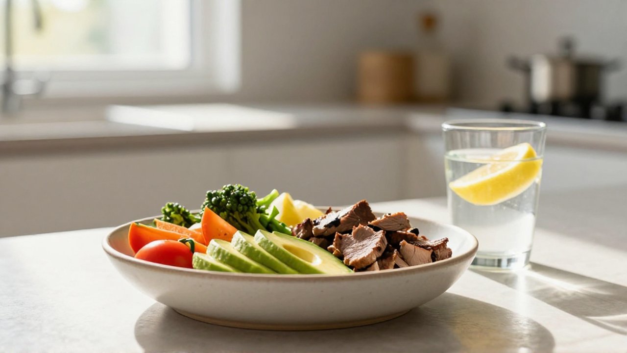 Bol de comida mediterránea con vegetales frescos, aguacate y proteína en una cocina luminosa.