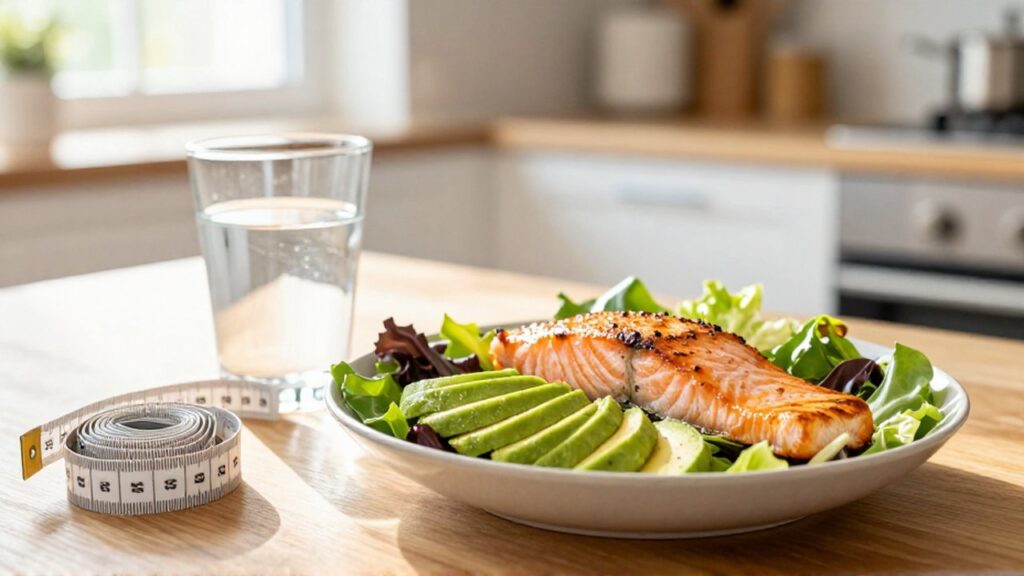 Ensalada colorida de salmón con aguacate junto a un vaso de agua y una cinta métrica.