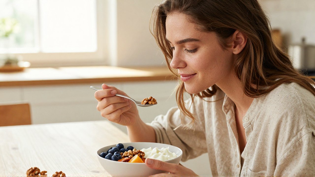 Mujer joven disfrutando un desayuno de yogur con frutos rojos en una cocina luminosa.