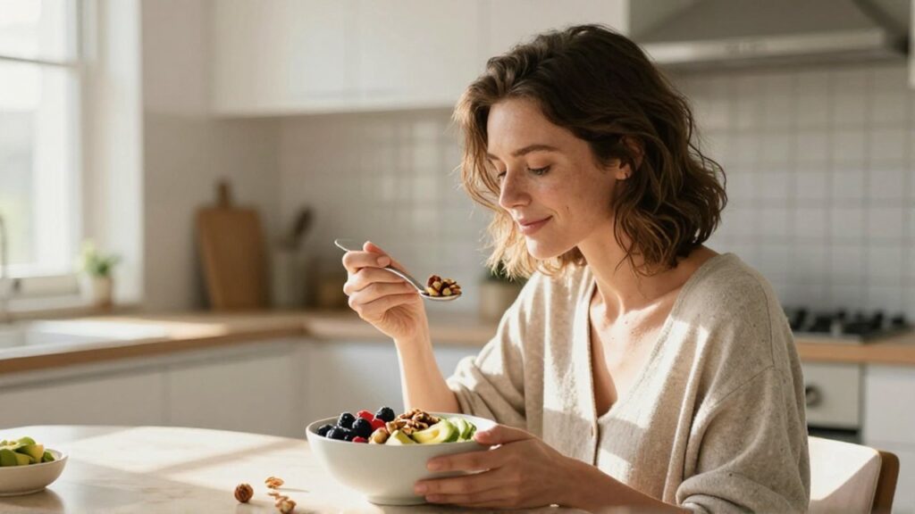 Mujer tranquila disfrutando de un desayuno saludable con aguacate y frutos rojos en una cocina iluminada.