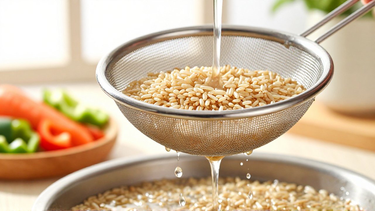 Granos de arroz integral siendo enjuagados bajo un chorro de agua con verduras picadas de fondo.