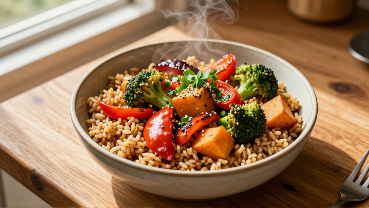 Cuenco de arroz integral con verduras asadas, pimientos y brócoli sobre una mesa de madera.