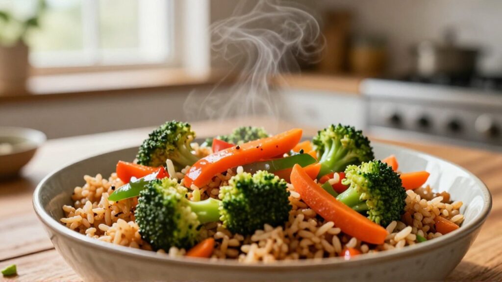 Cuenco de arroz integral con vegetales salteados