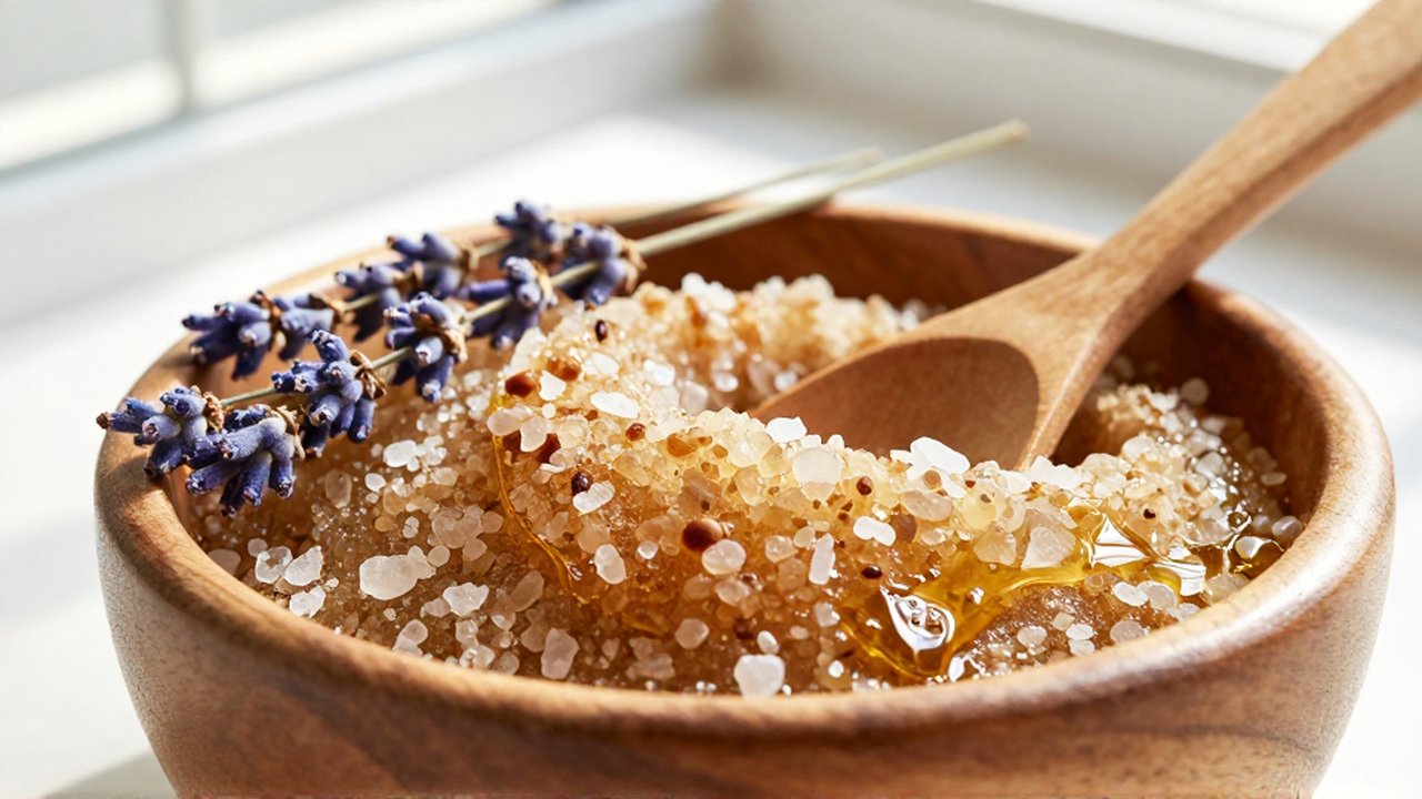 Cuenco de madera con exfoliante de azúcar moreno, aceite de coco y ramitas de lavanda seca.