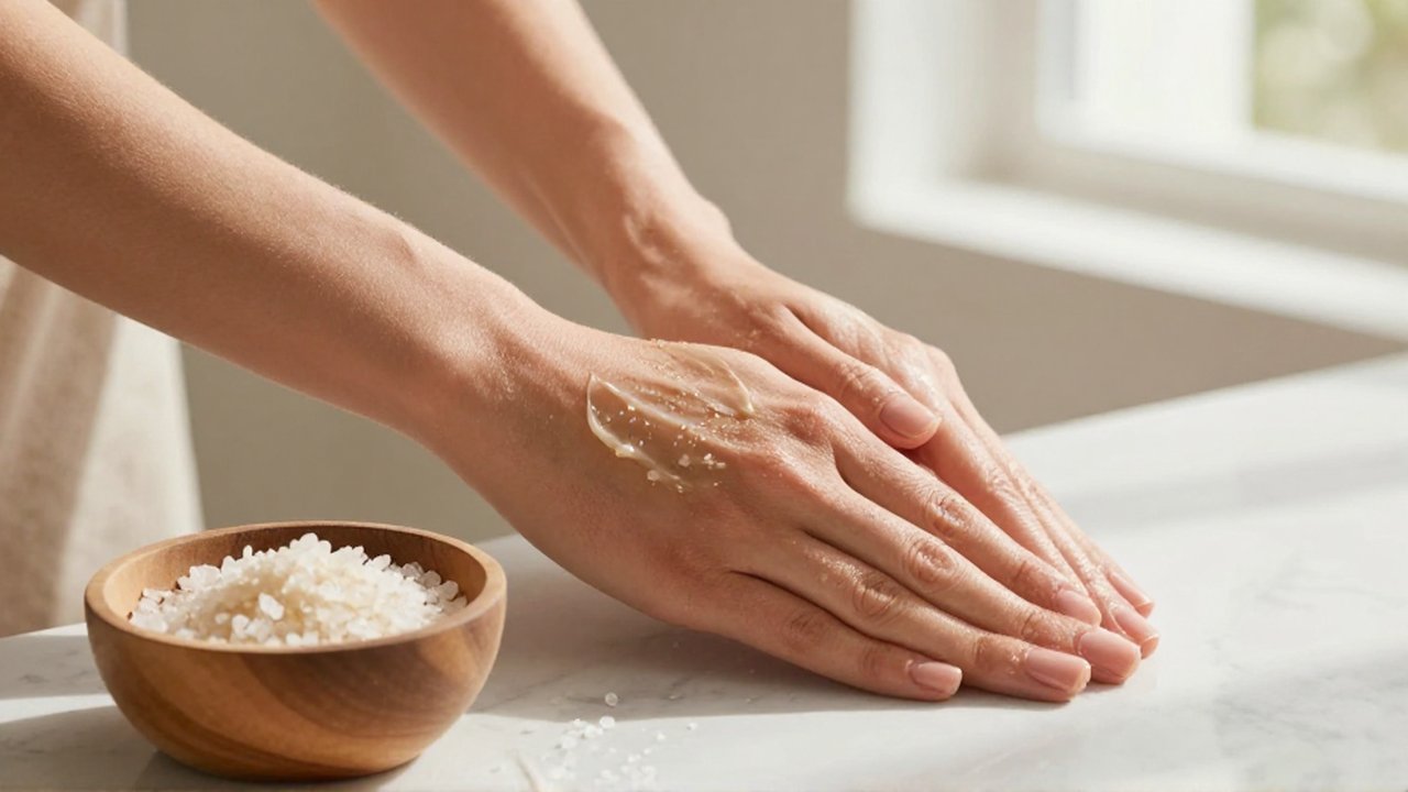 Manos de una mujer aplicando un exfoliante natural de sal marina en su piel.