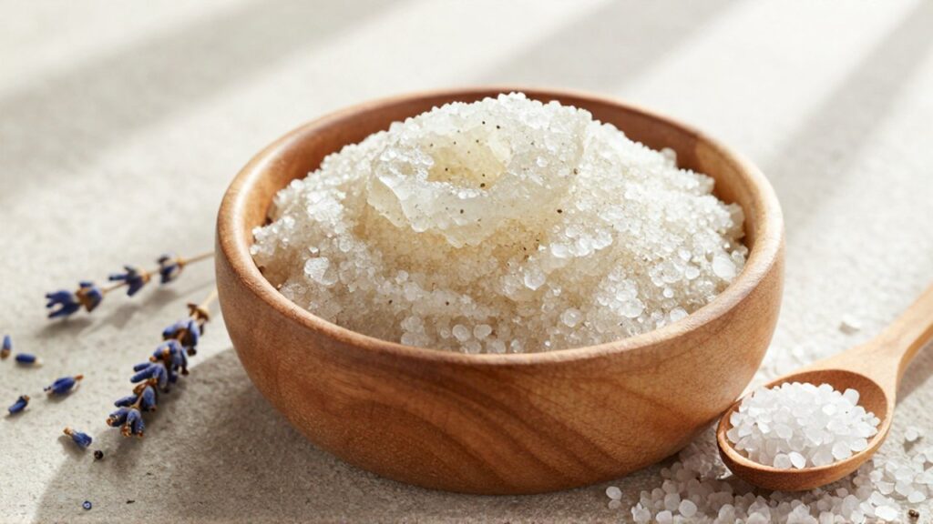Cuenco de madera con exfoliante de azúcar y coco junto a lavanda y sal marina.