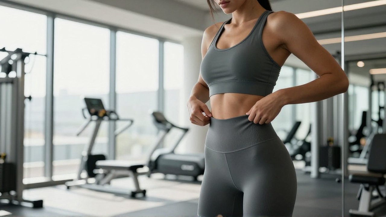 Mujer atlética frente al espejo de un gimnasio moderno ajustándose su ropa deportiva.