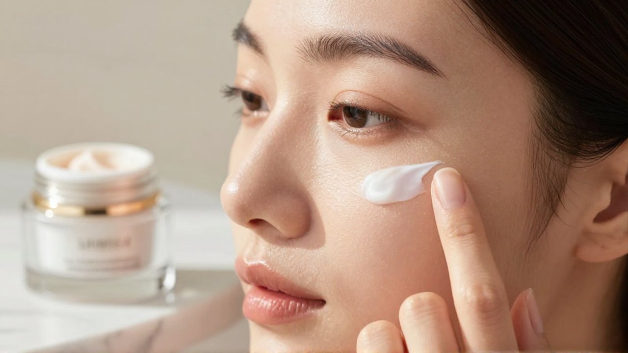 Mujer aplicando con suavidad una crema hidratante alrededor de sus ojos bajo la luz del sol.