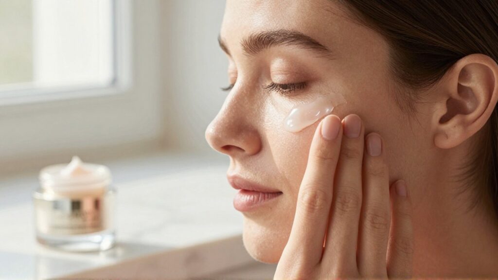 Mujer serena aplicando crema hidratante en la zona de las ojeras con un ambiente luminoso.