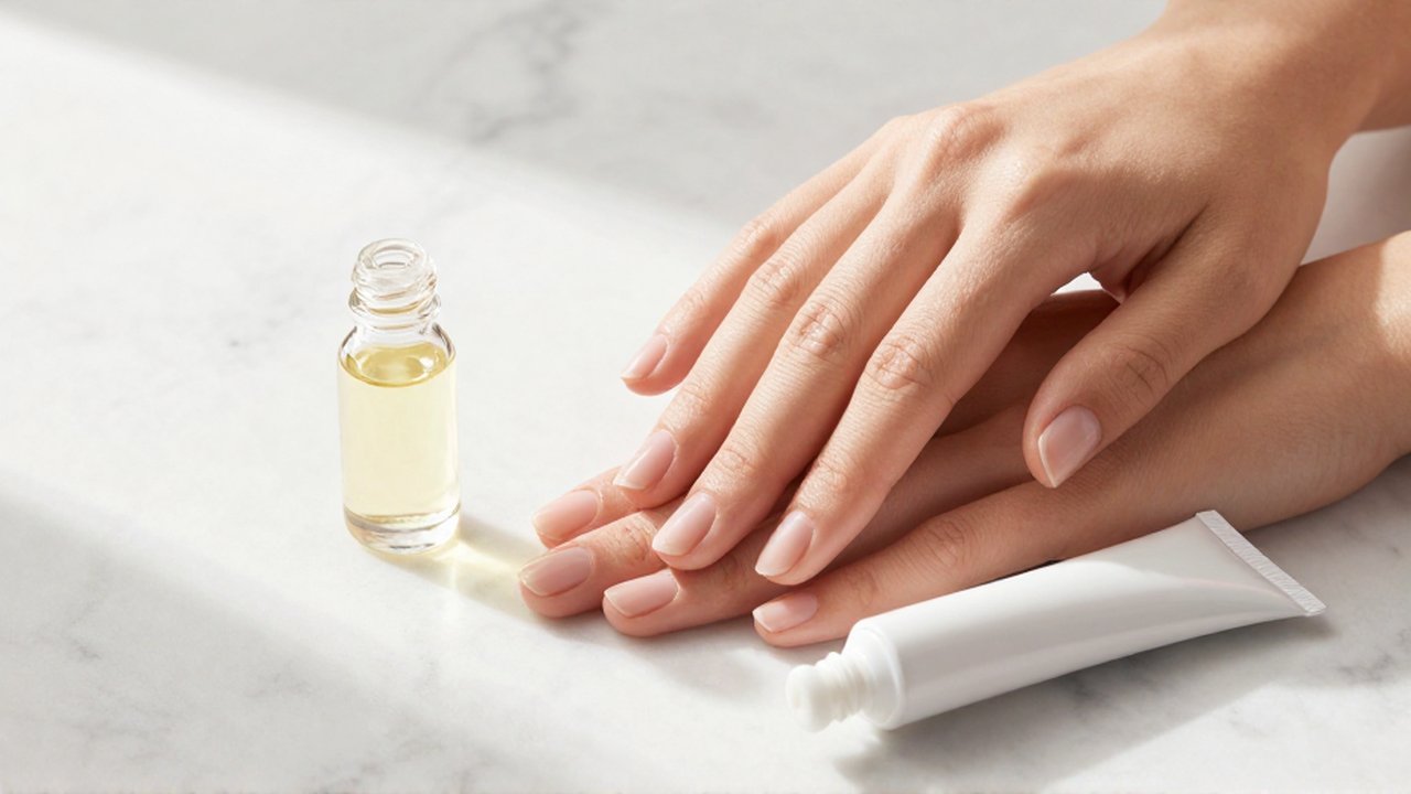 Manos femeninas cuidadas junto a un aceite de uñas y crema sobre mármol.