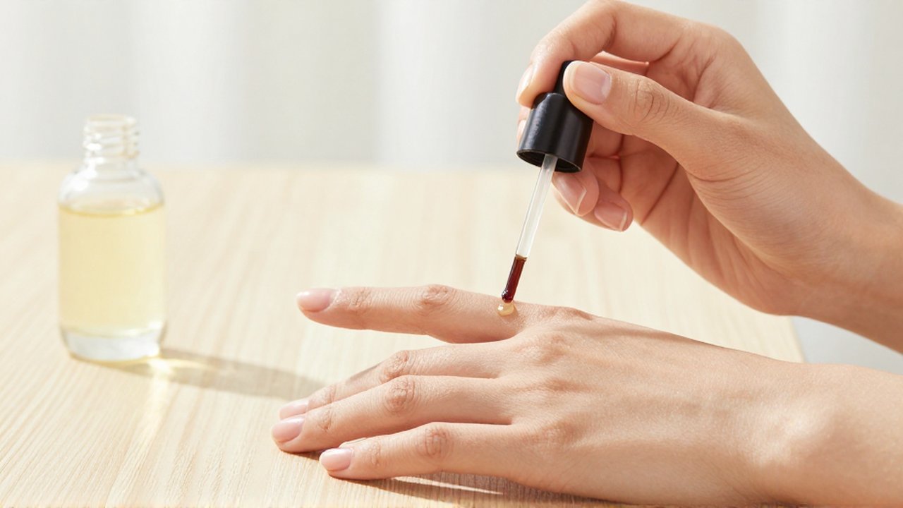 Manos femeninas aplicando un suero fortalecedor sobre uñas naturales en un ambiente luminoso y minimalista.