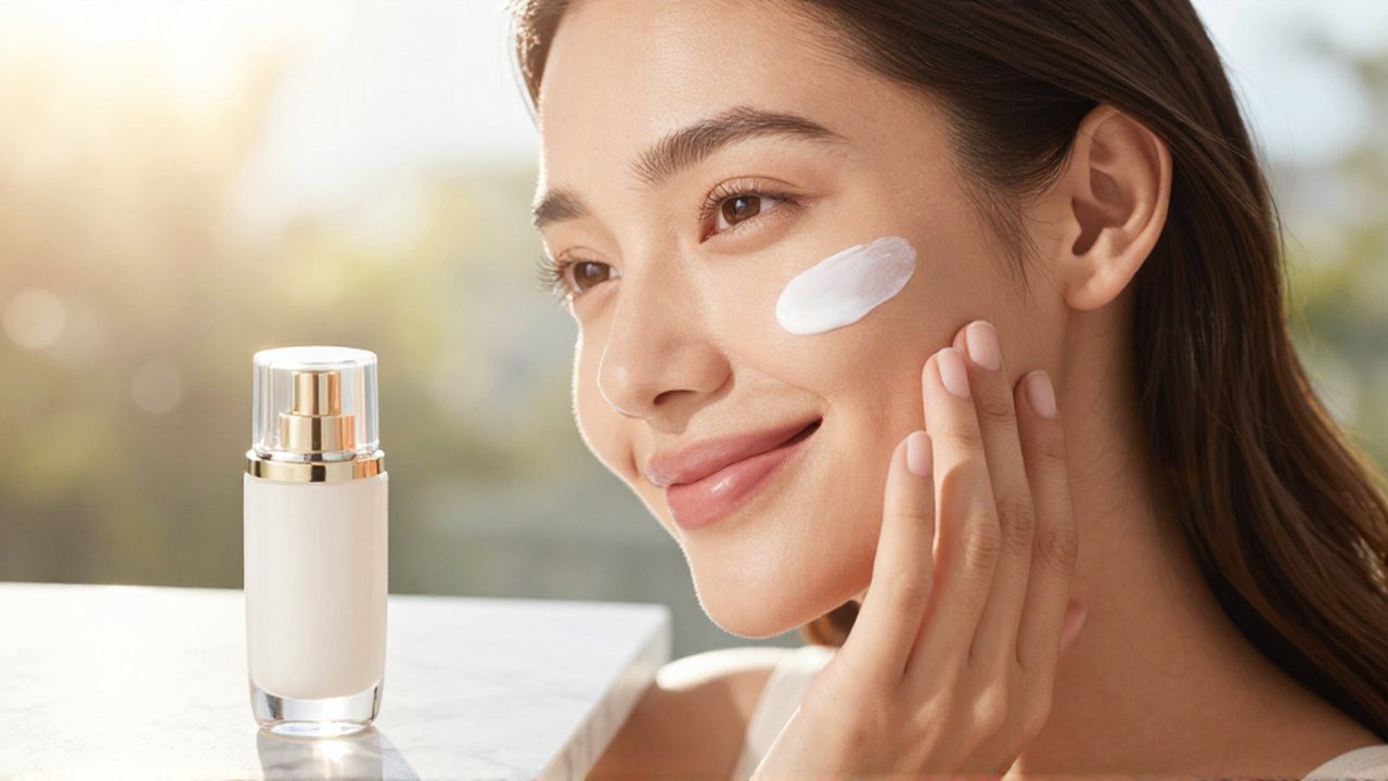 Mujer de piel radiante aplicándose crema solar en la mejilla durante una mañana soleada.