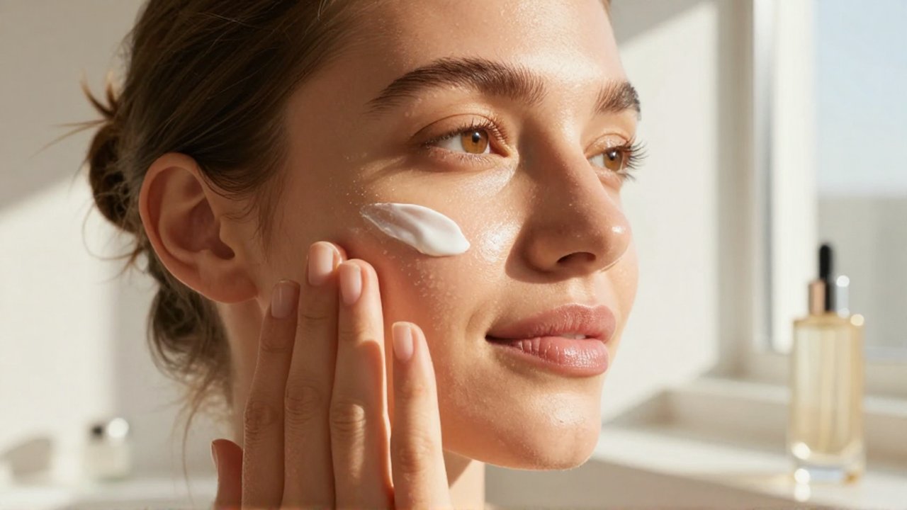 Mujer con piel luminosa aplicándose crema solar en la mejilla bajo la luz del atardecer.