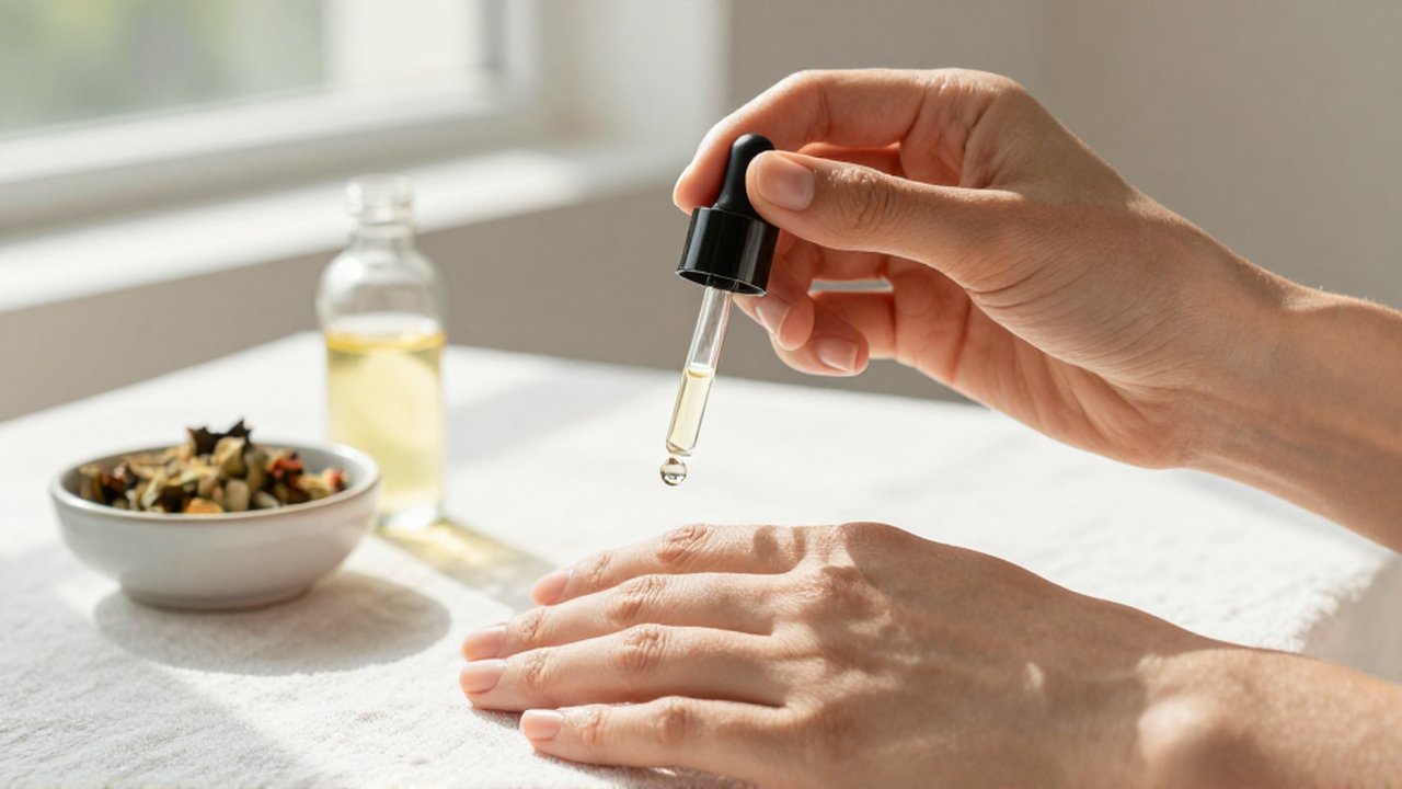 Manos cuidadas sosteniendo un frasco de aceite para uñas junto a un cuenco con jojoba.