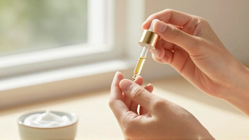 Manos cuidadas realizando un ritual de manicura con un gotero de aceite y crema.