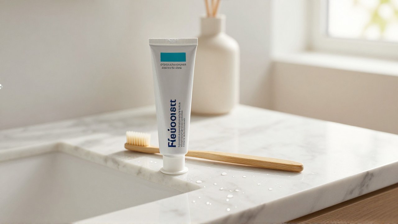 Tubo de pasta de dientes premium y cepillo de bambú sobre un mostrador de mármol.