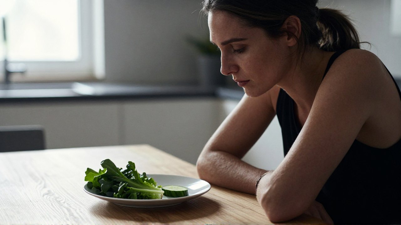 Mujer pensativa sentada frente a un plato con una pequeña porción de verduras.