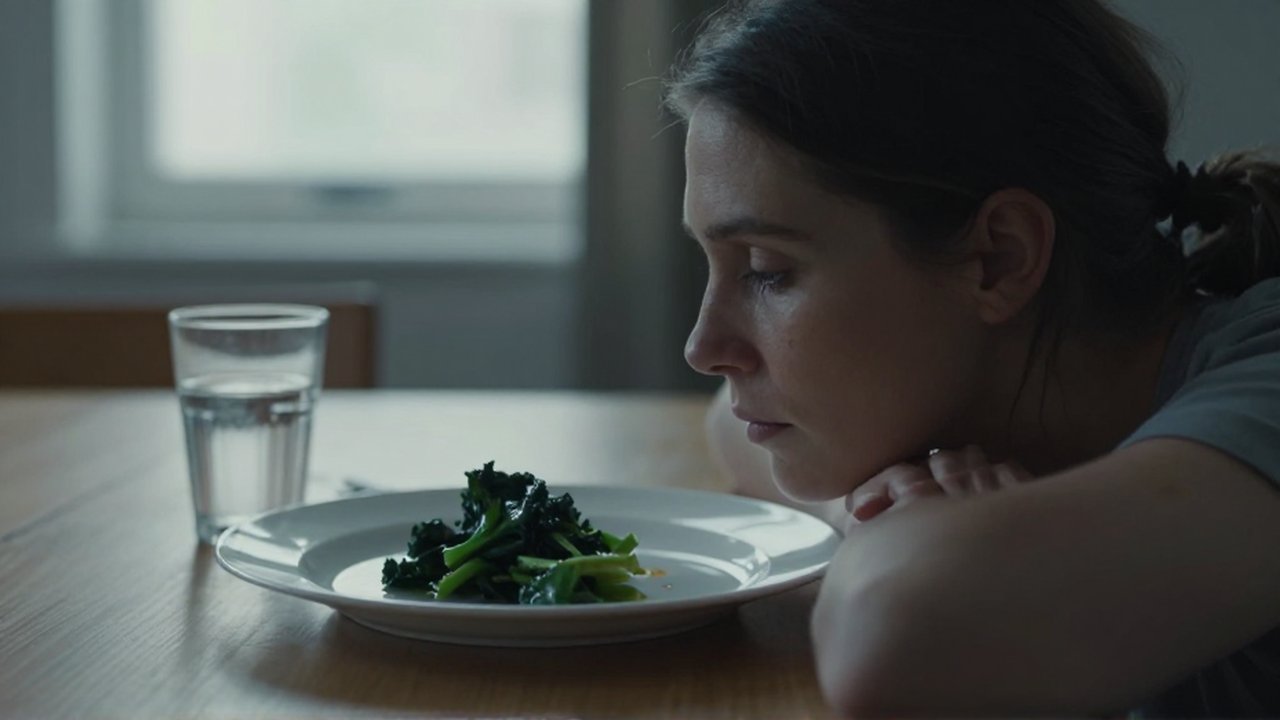 Mujer con aspecto agotado mira fijamente un pequeño plato de verduras en una mesa.