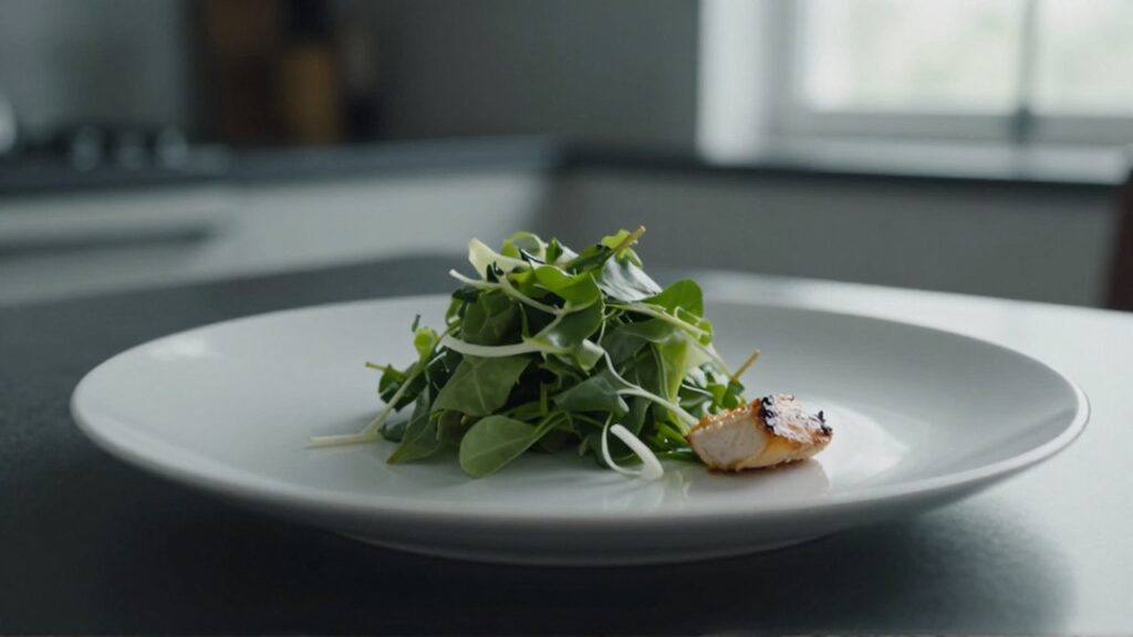 Pequeña porción de ensalada verde y pollo a la parrilla en un plato blanco minimalista.