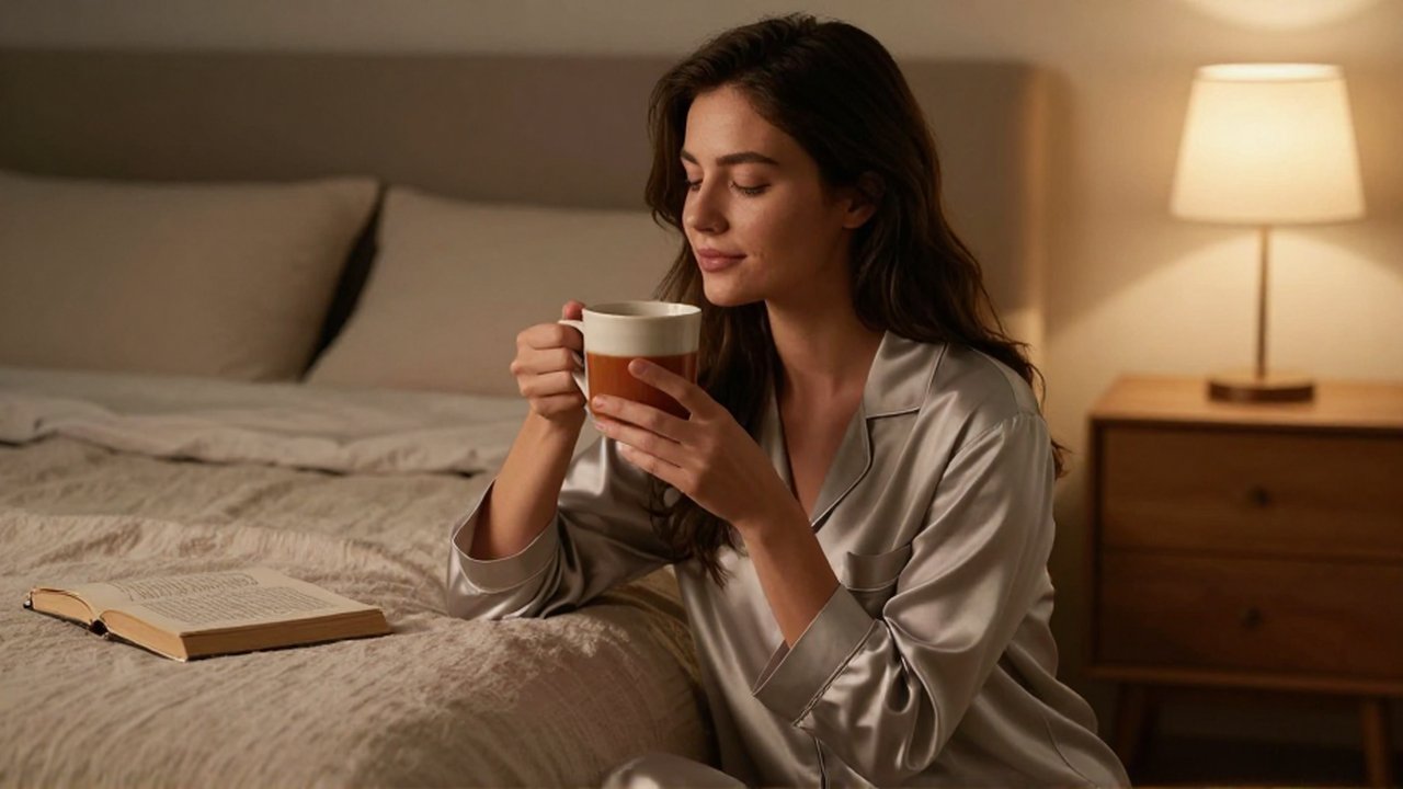 Mujer joven con pijama de seda sentada en la cama sosteniendo una taza de té caliente.