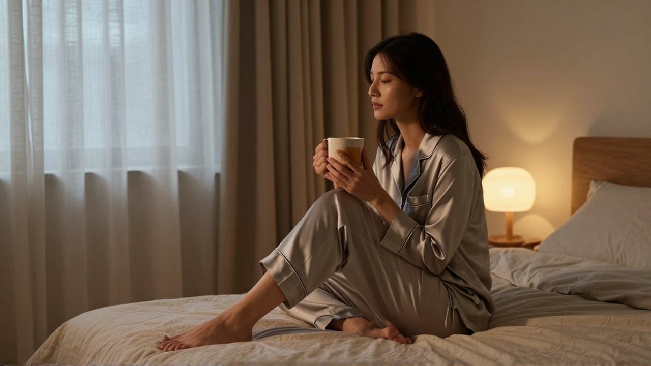 Mujer joven sentada en su cama relajándose con una taza de té en un dormitorio tranquilo.