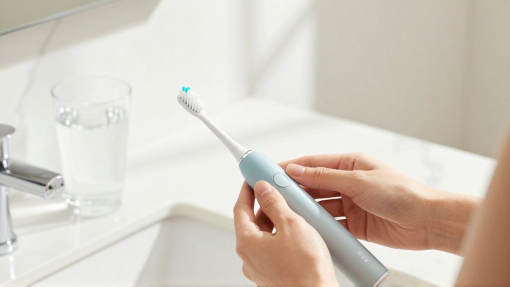 Manos femeninas sosteniendo un cepillo de dientes eléctrico con pasta sobre un mostrador de mármol.