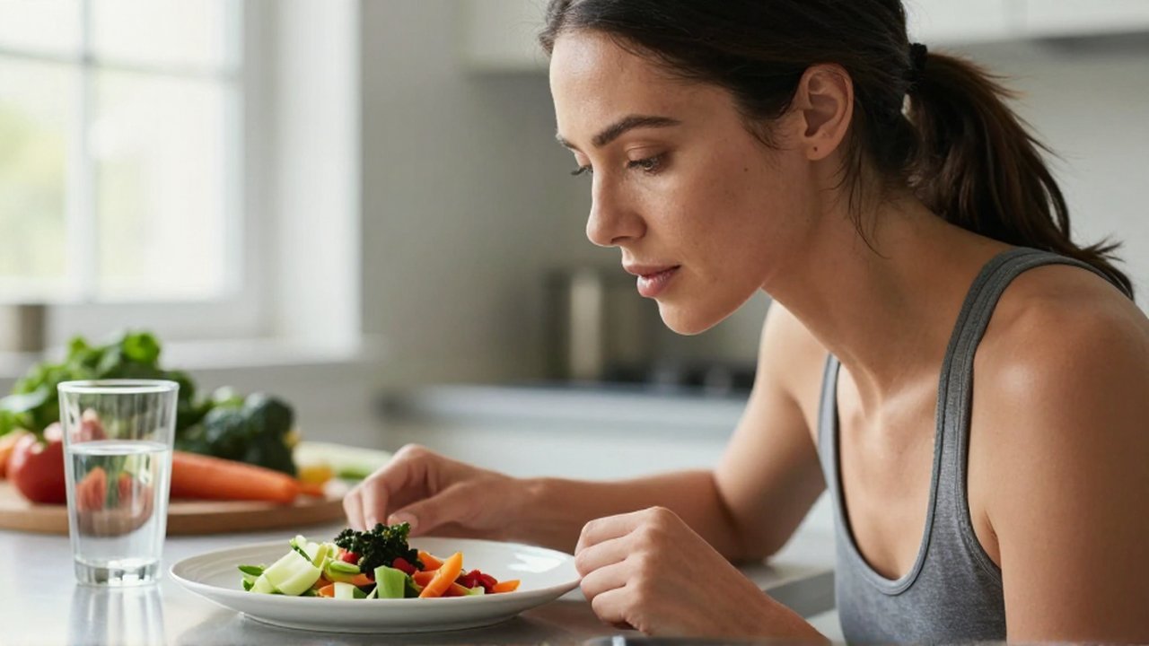 Mujer en una cocina luminosa observando con calma un plato de comida nutritiva.