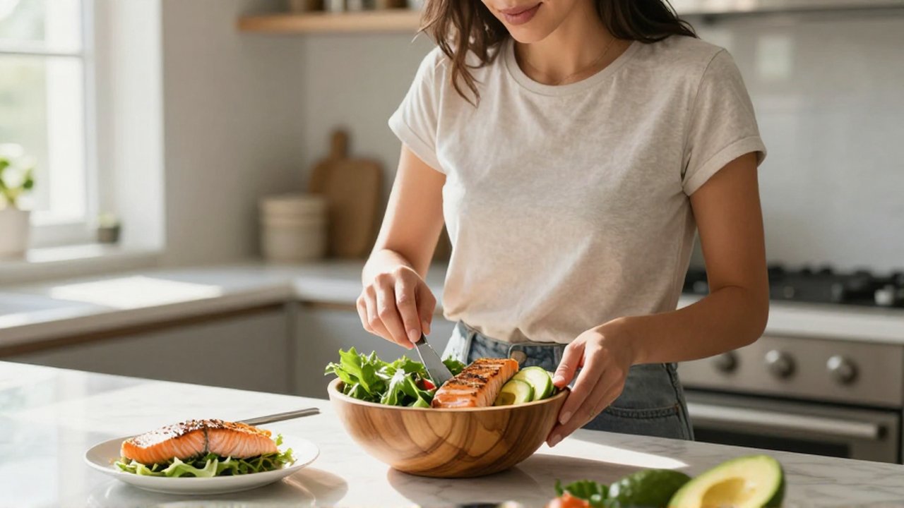 Mujer preparando un cuenco de salmón a la parrilla, aguacate y verduras en una cocina luminosa.