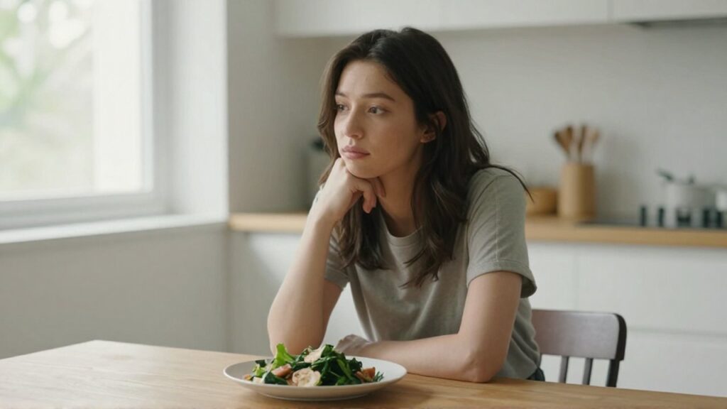 Mujer joven con expresión tranquila desayunando de forma saludable en una cocina luminosa.