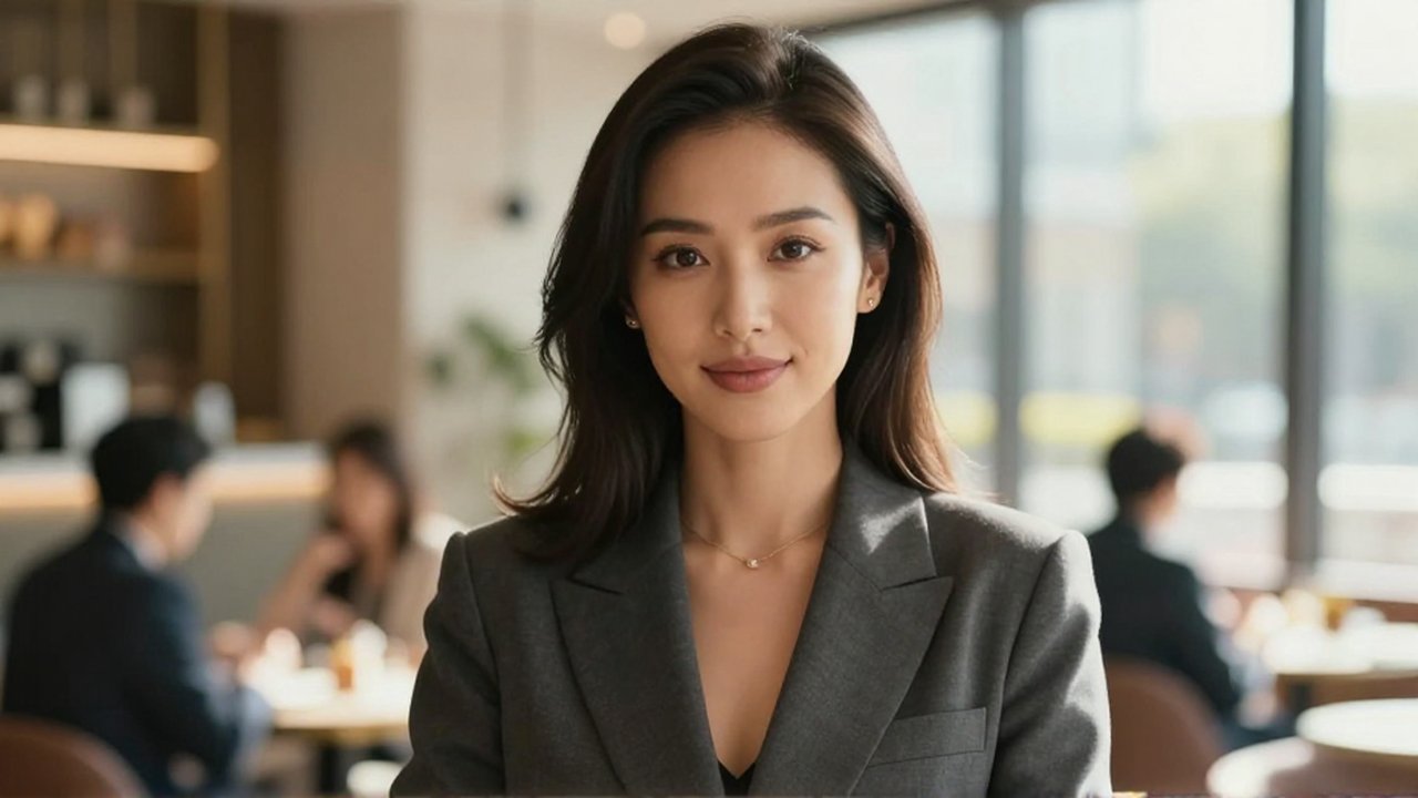Mujer joven y elegante con blazer posando con confianza en un salón moderno iluminado.