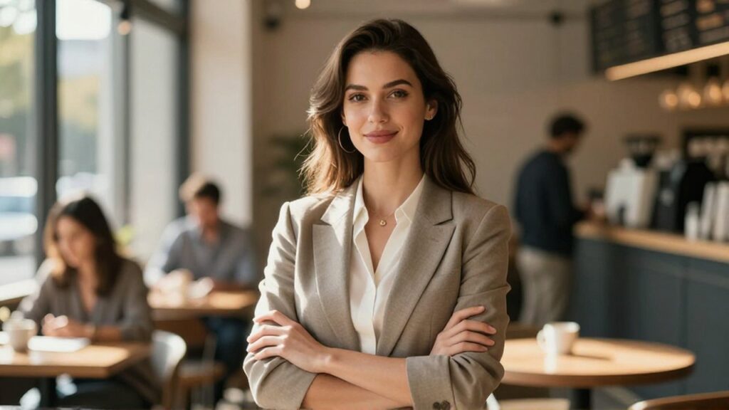 Mujer joven con vestimenta elegante sonríe en una cafetería luminosa y concurrida.