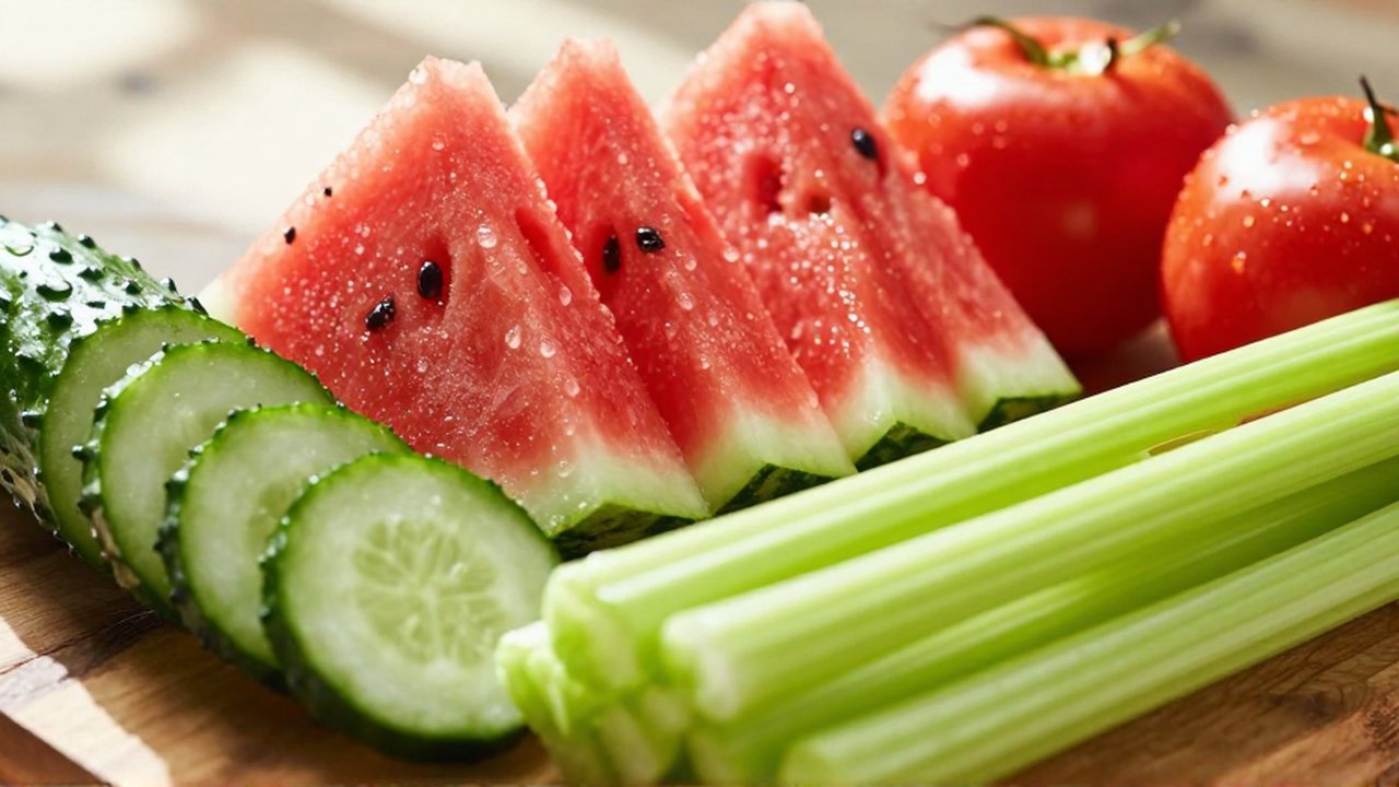 Variedad de frutas y verduras frescas y jugosas con gotas de agua sobre una mesa de madera.