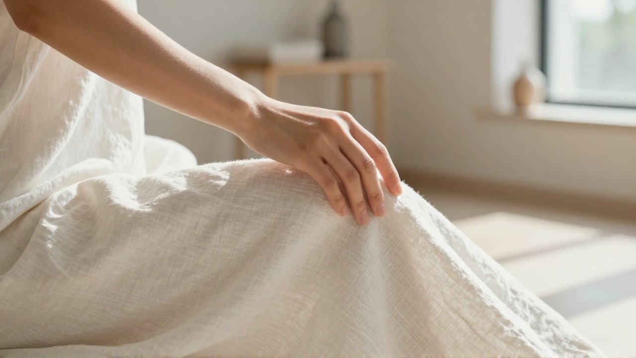 Una mano acaricia suavemente la textura de un delicado tejido de algodón orgánico blanco.
