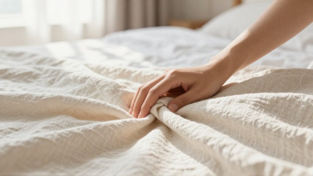 Mano de mujer acariciando suavemente capas de sábanas de algodón
